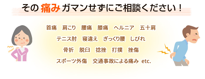 首痛　肩こり　腰痛　膝痛　ヘルニア　五十肩　テニス肘　寝違え　ぎっくり腰　しびれ　骨折　脱臼　捻挫　打撲　挫傷　スポーツ外傷　交通事故による痛みなど
